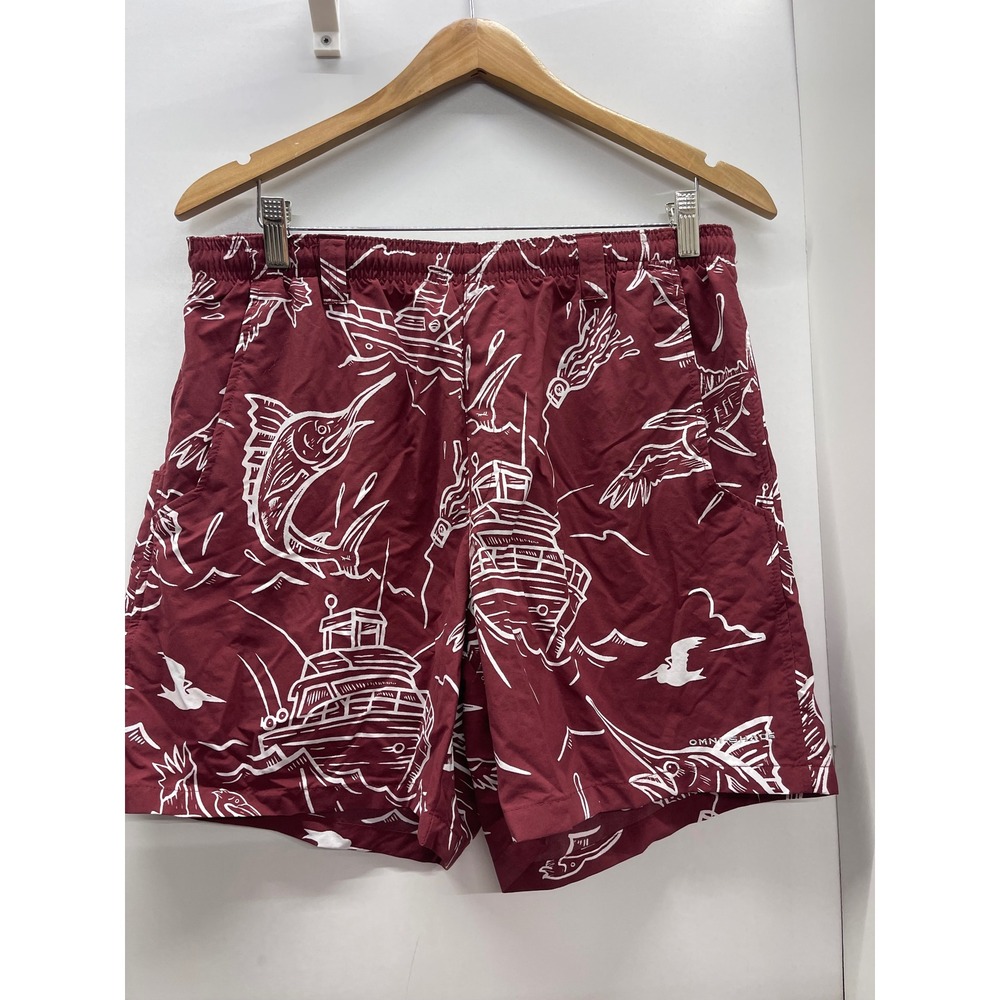 Columbia PFG Backcast III Water Shorts Mens Medium Maroon Nautical Fish Print